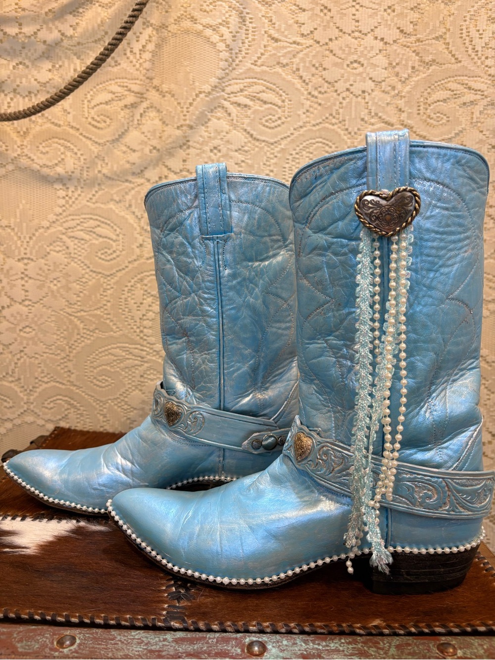 Handcrafted Tony Lama Metallic Light Blue Western Heart Accent Bridal Bling Boot - Picture 5 of 13